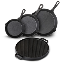 Blackwell Pfannenset aus Gusseisen – Bratpfannen 16, 20 & 25 cm & Grillplatte Ø 30 cm – 4-teilig – geeignet für alle Herdarten