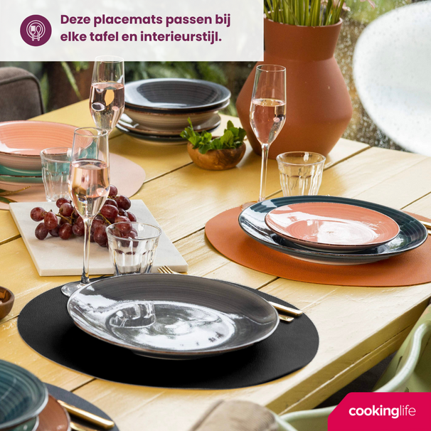 Cookinglife 6 Platzsets + 6 Untersetzer - Doppelseitig - Rund - Veganes Leder - Schwarz / Cognac - 12 Stück