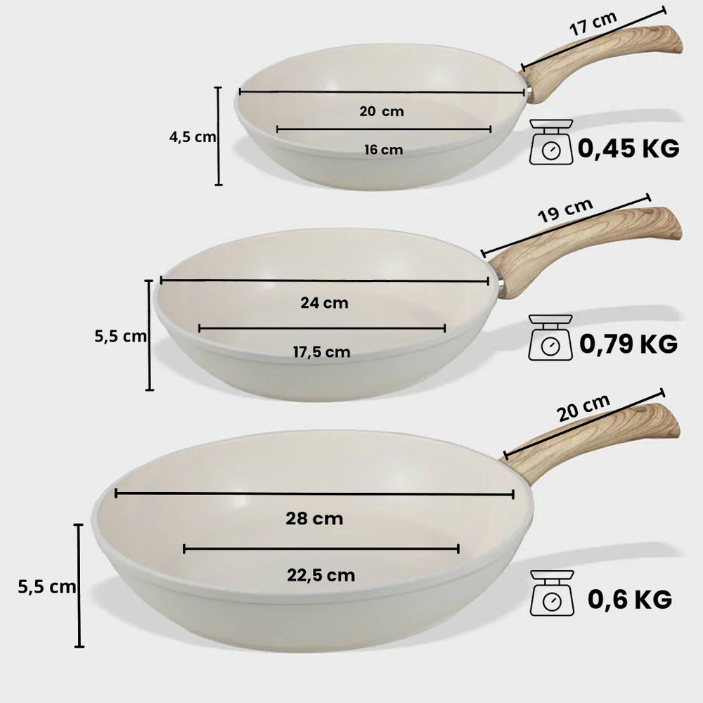 Cook & Pan Koekenpannenset Go Ivory Crème 3-delig - ø 20, 24 & 28 cm - afmetingen