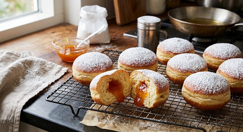 Zart, gefüllt und mit Puderzucker bestäubt: der Klassiker aus der Bäckerei, jetzt selbst gemacht.