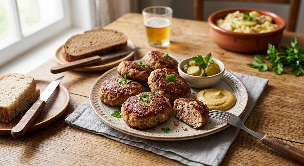 Saftige gehackte Fleischbällchen aus Deutschland, knusprig gebraten und köstlich auf dem Tisch