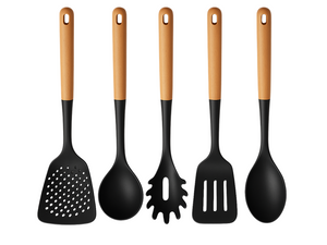 Cookinglife Kochgeschirr Set - Kochgeschirr Set - Holz schwarz 5-teilig - Schaumkelle, Suppenlöffel, Spaghettilöffel, Bratschaufel & Servierlöffel