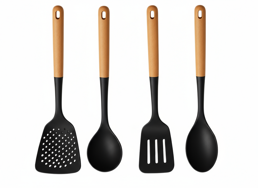 Cookinglife Kochgeschirr Set - Kochgeschirr Set - Holz schwarz 4-teilig - Schaumkelle, Suppenlöffel, Pfannenwender & Servierlöffel