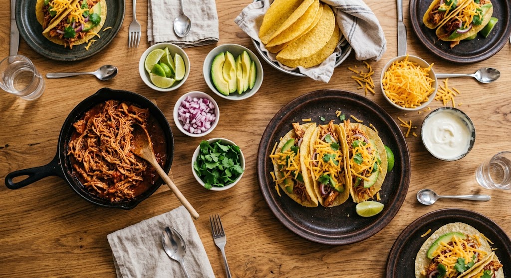 Saftiges Pulled Chicken, knusprige Toppings und selbstgemachte Tacos für einen echten Festabend.