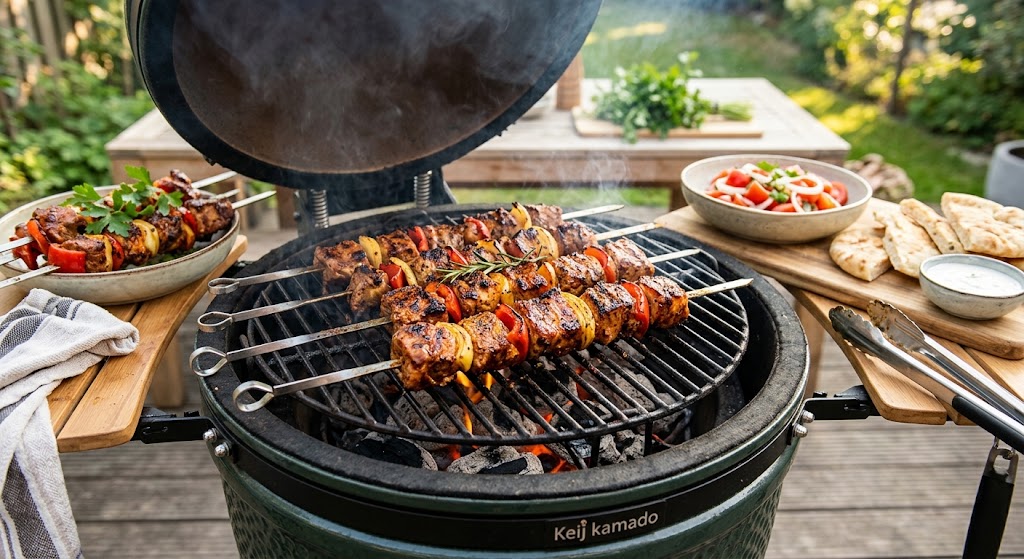 Saftige Fleischspieße mit Paprika und Zwiebel, direkt vom Rost