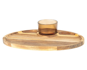 Cosy & Trendy Borrelplank met Glazen Schaaltje Soluna 2-delig - Acaciahout - 35 x 25 cm
