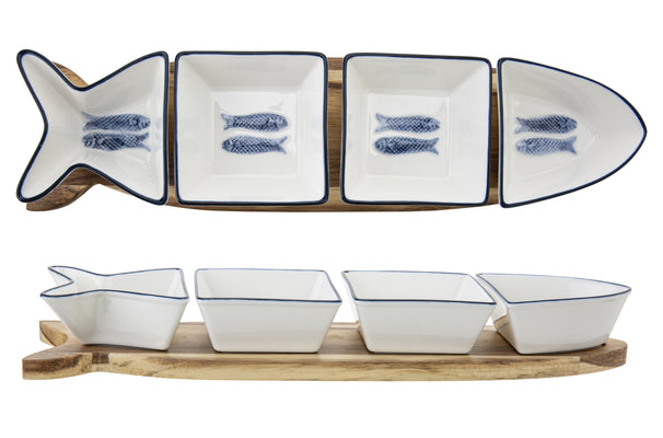 Cosy & Trendy Servierbrett mit Schälchen Branzino 5-teilig - Weiß & Blau - 37 x 9,5 cm
