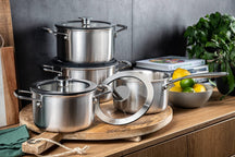 DUCQ Topfset - Stieltopf ø 16, 18, 20, 24 cm & Stieltopf ø 16 cm &amp; Bratpfanne ø 26 cm + Deckel - Induktion - Downdraft - Edelstahl - 6-teilig