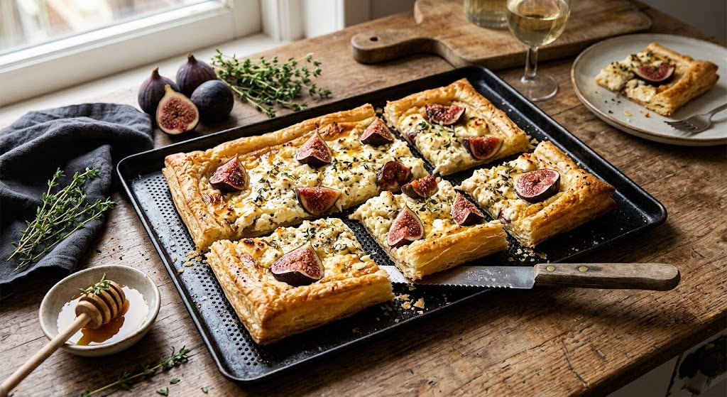 Cremiger Feta, süße Feigen und knuspriger Honig auf einem Blech