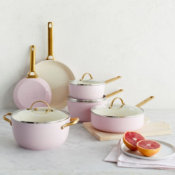 GreenPan Topfset Padova Reserve Blush Pink 6-teilig - Kochtopf ø 24 cm, Stielkasserolle ø 18, 20 cm, Bratpfanne ø 20, 28 cm & Schmorpfanne ø 24 cm - keramische Antihaftbeschichtung