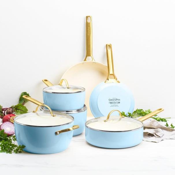 GreenPan Topfset Padova Reserve Light Blue 6-teilig - Kochtopf ø 24 cm, Stielkasserolle ø 18, 20 cm, Bratpfanne ø 20, 28 cm & Schmorpfanne ø 24 cm - keramische Antihaftbeschichtung
