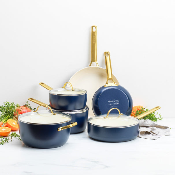 GreenPan Topfset Padova Reserve Oxford Blue 6-teilig - Kochtopf ø 24 cm, Stielkasserolle ø 18, 20 cm, Bratpfanne ø 20, 28 cm & Schmorpfanne ø 24 cm - keramische Antihaftbeschichtung