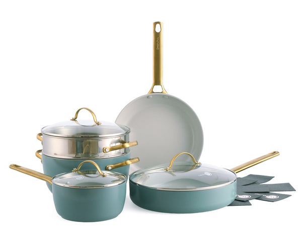 GreenPan Topfset Padova Reserve Smokey Blue 7-teilig - Stielkasserolle ø 18 cm, Kochtopf ø 24 cm, Bratpfanne ø 26 cm, Schmorpfanne ø 28 cm & Dämpfeinsatz - keramische Antihaftbeschichtung