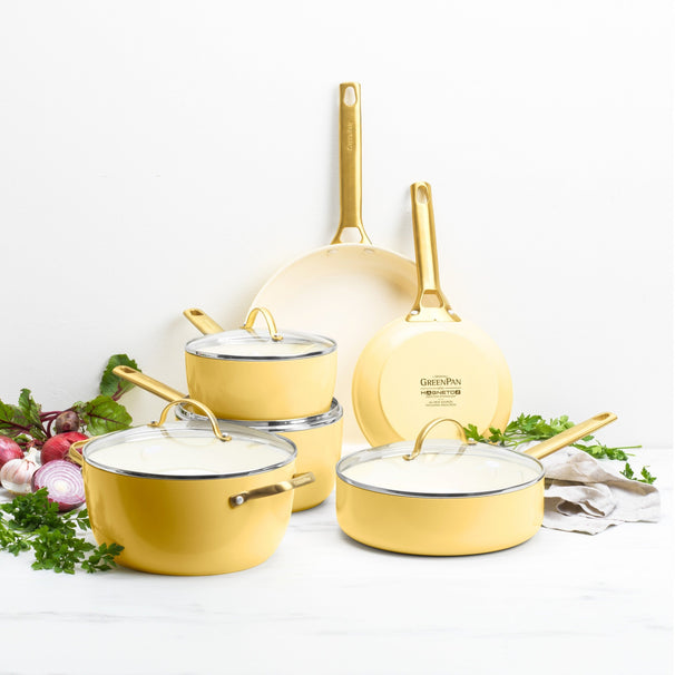 GreenPan Topfset Padova Reserve Sunshine Yellow 6-teilig - Kochtopf ø 24 cm, Stielkasserolle ø 18, 20 cm, Bratpfanne ø 20, 28 cm & Schmorpfanne ø 24 cm - keramische Antihaftbeschichtung