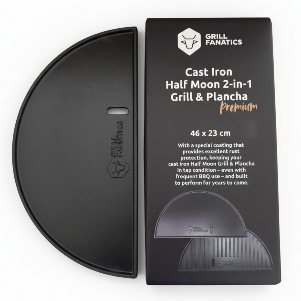 Cookinglife Halbmond-Grillplatte / Gusseisen-Plancha - Doppelseitig - Geeignet für 46 cm Kamados