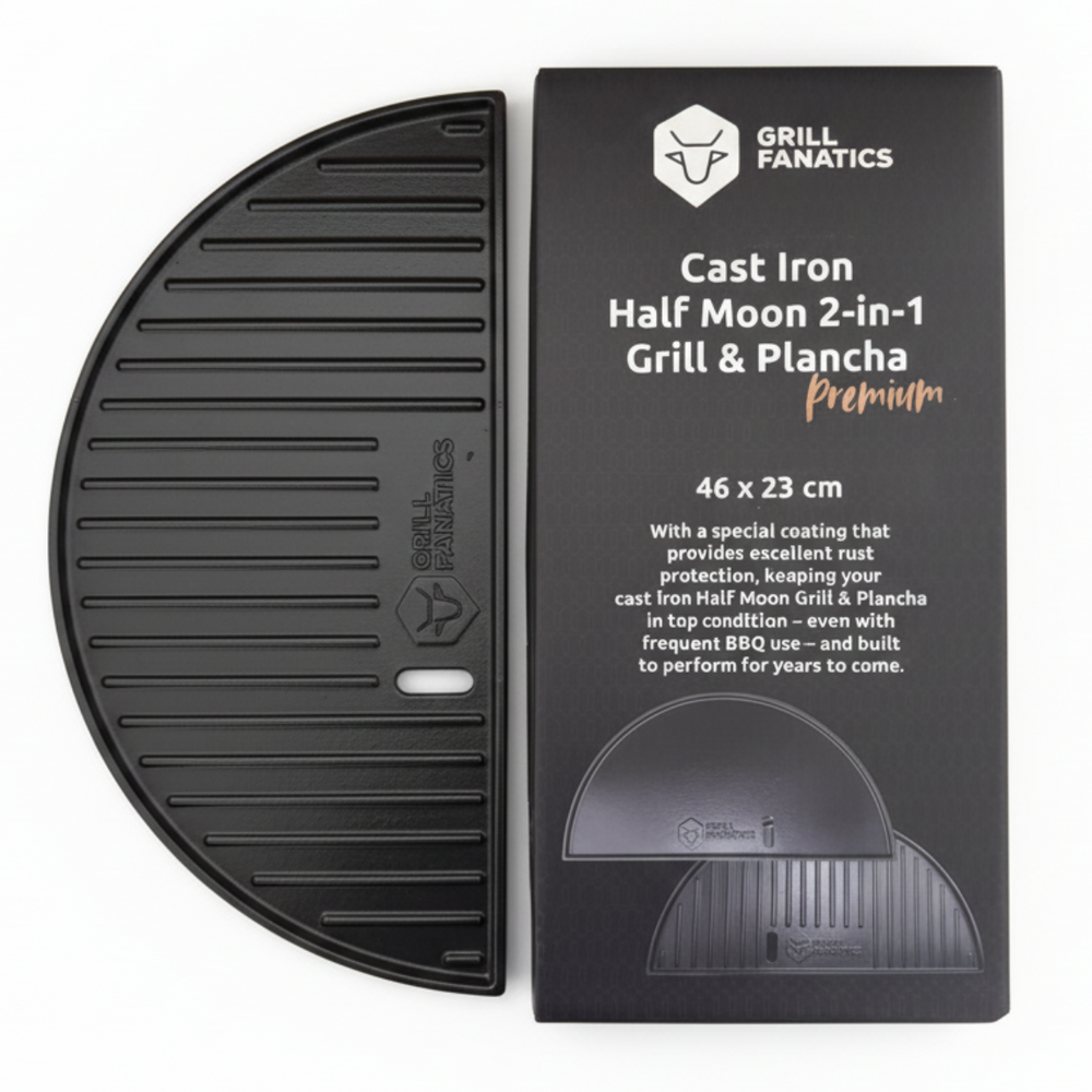 Cookinglife Halbmond-Grillplatte / Gusseisen-Plancha - Doppelseitig - Geeignet für 46 cm Kamados