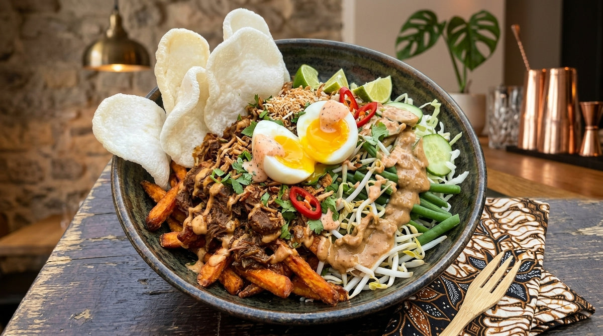 Süßkartoffelpommes mit Gado-Gado-Salat, weichgekochtem Ei, Kimchi-Mayonnaise und Maniok-Kroepoek