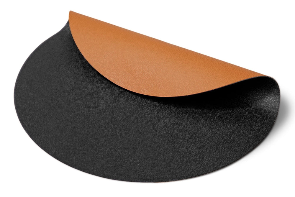 Cookinglife 6 Platzsets + 6 Untersetzer - Doppelseitig - Rund - Veganes Leder - Schwarz / Cognac - 12 Stück