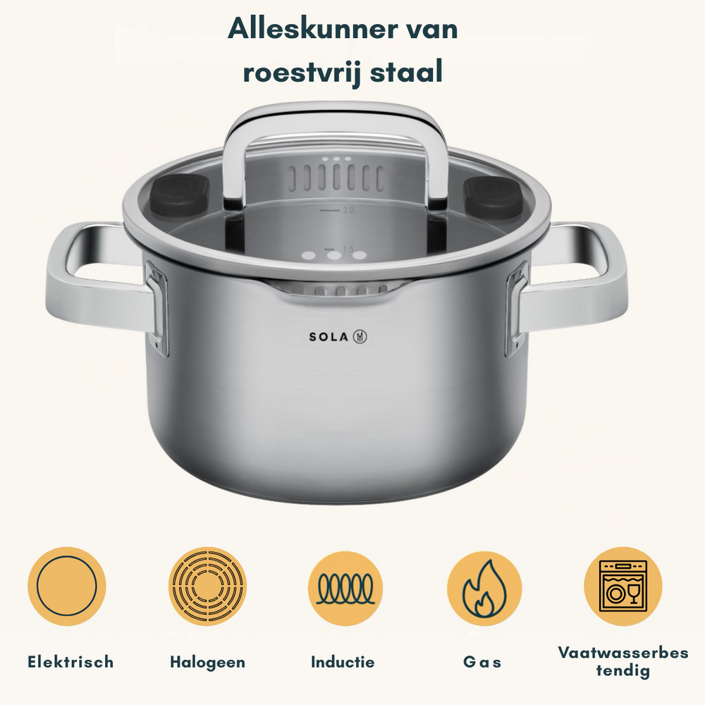 Sola Topfset Juvia 5-teilig – Edelstahl – downdraft-geeignet – Kochtöpfe Ø 16, 18, 20, 24 cm & Stieltopf Ø 16 cm – geeignet für alle Herdarten