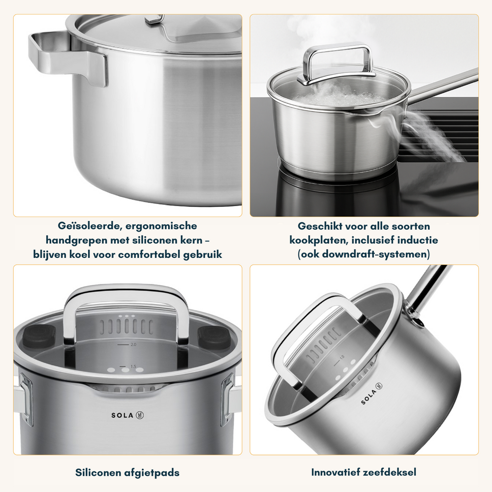 Sola Topfset Juvia 5-teilig – Edelstahl – downdraft-geeignet – Kochtöpfe Ø 16, 18, 20, 24 cm & Stieltopf Ø 16 cm – geeignet für alle Herdarten