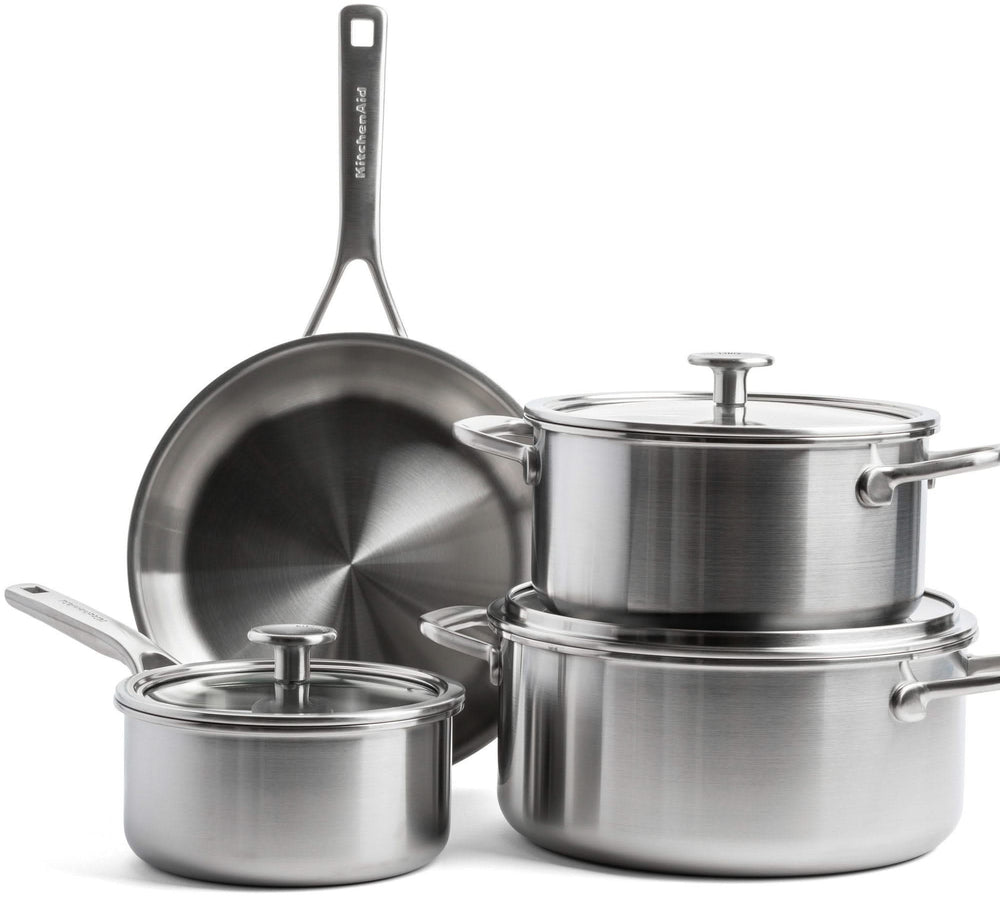 KitchenAid Topfset Multi-Ply Edelstahl 6-teilig - Kochtöpf ø 20, 24 cm, Stieltopf ø 16 cm, Bratpfanne ø 28 cm + Bratpfanne Classic Forged ø 24 & 28 cm
