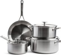 KitchenAid Topfset Multi-Ply Edelstahl 6-teilig - Kochtöpf ø 20, 24 cm, Stieltopf ø 16 cm, Bratpfanne ø 28 cm + Bratpfanne Classic Forged ø 24 & 28 cm