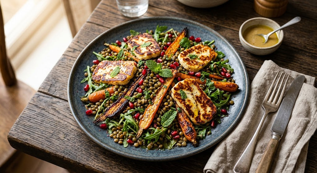 Knusprig gebratener Halloumi, leicht gebräunte Möhre und lauwarme Linsen auf einem Teller.
