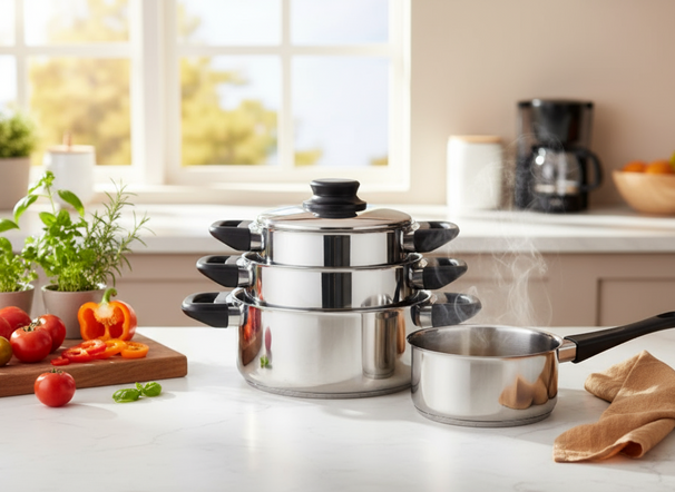 Cookinglife Topfset Edelstahl / Schwarz 4-teilig - Kochtopf Ø 16, 18, 20 cm & Stieltopf Ø 16 cm - Für alle Herdarten geeignet