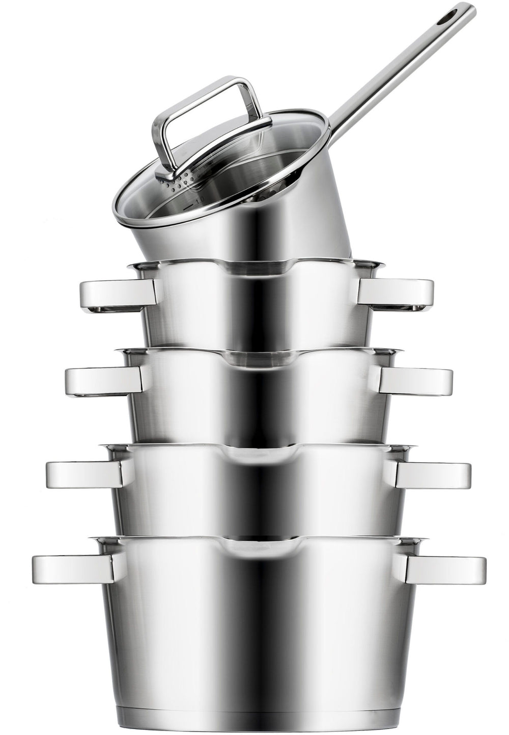 Sola Topfset Diamond 5-teilig – Edelstahl – downdraft-geeignet – Kochtöpfe Ø 16, 18, 20, 24 cm & Stieltopf Ø 16 cm – geeignet für alle Herdarten
