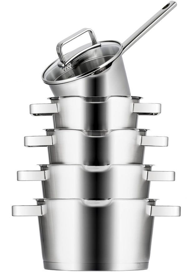 Sola Topfset Diamond 5-teilig – Edelstahl – downdraft-geeignet – Kochtöpfe Ø 16, 18, 20, 24 cm & Stieltopf Ø 16 cm – geeignet für alle Herdarten