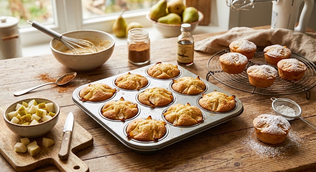 Weiche Mini-Cakes mit Birne und einer Prise Zimt, perfekt für zwölf Personen auf einmal.