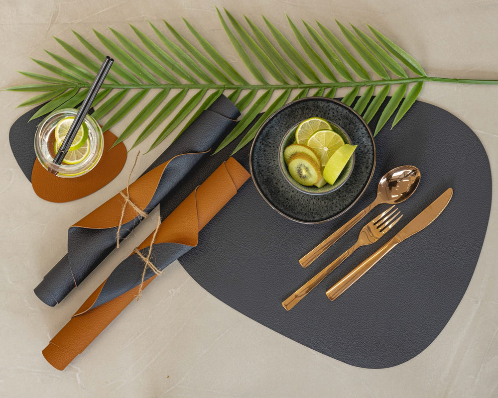 Cookinglife Untersetzer - Veganes Leder - Schwarz / Cognac - Organic - doppelseitig - 13 x 11 cm - 6 Stück