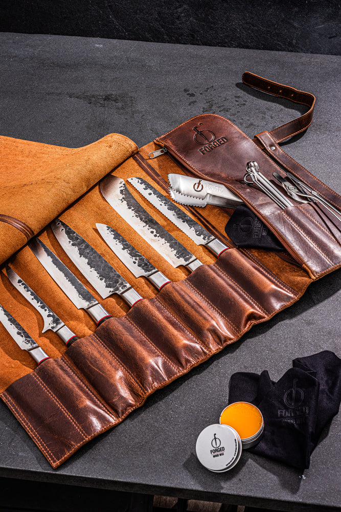 Forged Messer schutzhülle - Geeignet für 8 Messer - 100% Pull-Up Rindleder