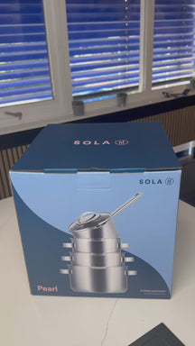 Sola Topfset Pearl 6-teilig – Edelstahl – downdraft-geeignet – Kochtöpfe Ø 16, 18, 20 cm & Stieltopf Ø 16 cm + BEKA Bratpfannen Ø 24, 28 cm – geeignet für alle Herdarten