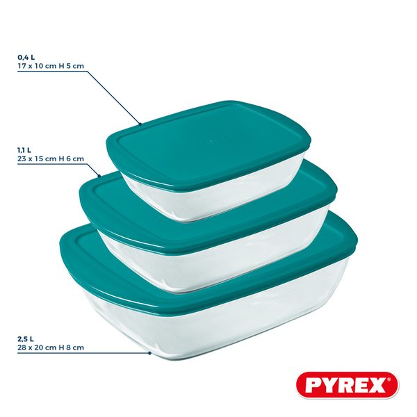 Pyrex Glas Auflaufformset mit Deckel Cook & Store 3-teilig - 400 ml, 1,1 Liter & 2,5 Liter
