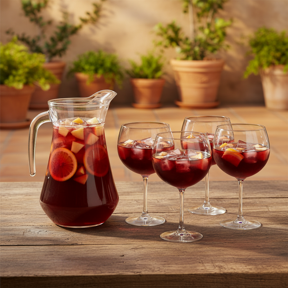 Sangriaset - Karaffe 1,6 L mit 6 Gläser 700 ml, Barlöffel & Eiswürfelform