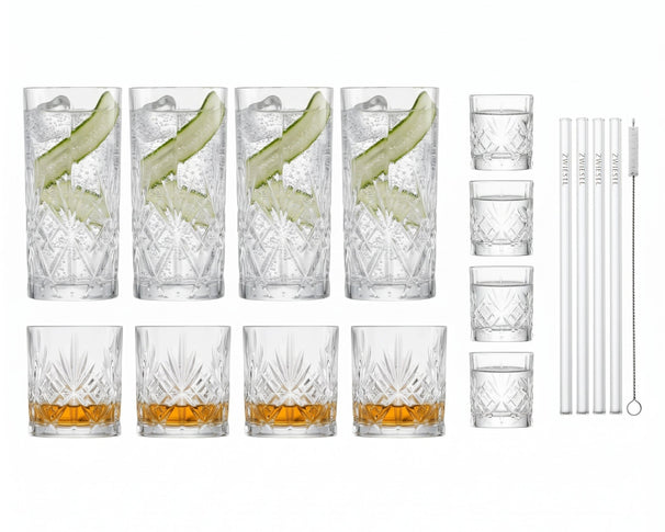 Schott Zwiesel Bargläser-Set Show 17-teilig - Longdrink-, Whisky- & Shotgläser mit Strohhalmen