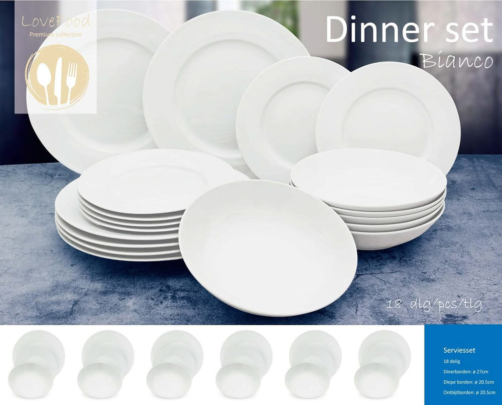 Studio Tavola Geschirrset Weiß - 18-teilig / 6 Personen - 6 Speiseteller, 6 Suppenteller und 6 Frühstücksteller