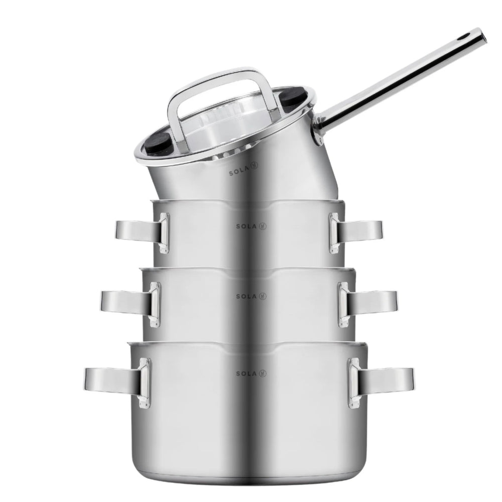 Sola Topfset Juvia 4-teilig – Edelstahl – downdraft-geeignet – Kochtöpfe Ø 16, 18, 20 cm & Stieltopf Ø 16 cm – geeignet für alle Herdarten