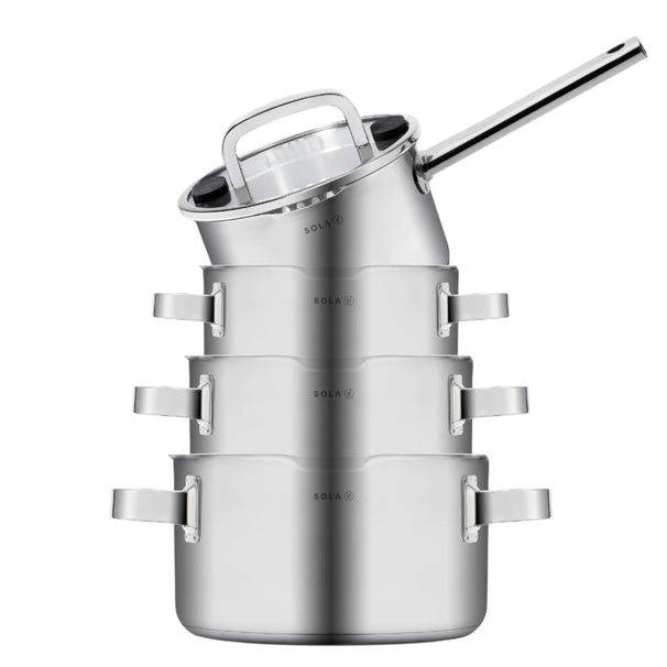 Sola Topfset Juvia 4-teilig – Edelstahl – downdraft-geeignet – Kochtöpfe Ø 16, 18, 20 cm & Stieltopf Ø 16 cm – geeignet für alle Herdarten