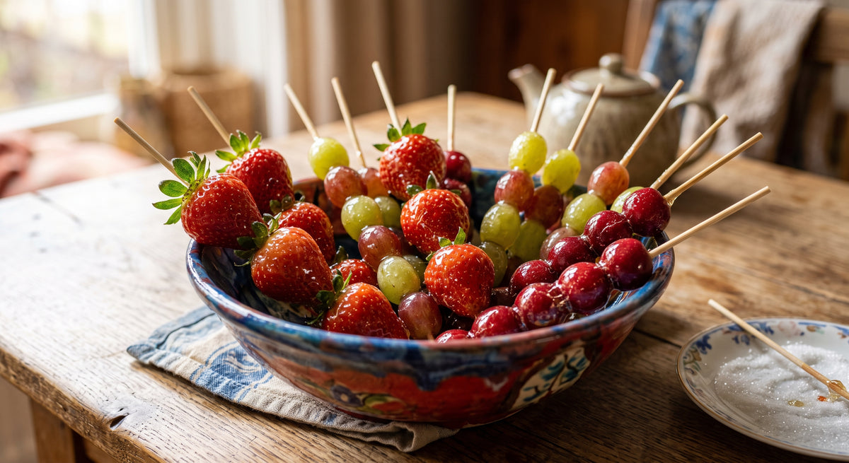 Knackiges karamellisiertes Obst am Spieß