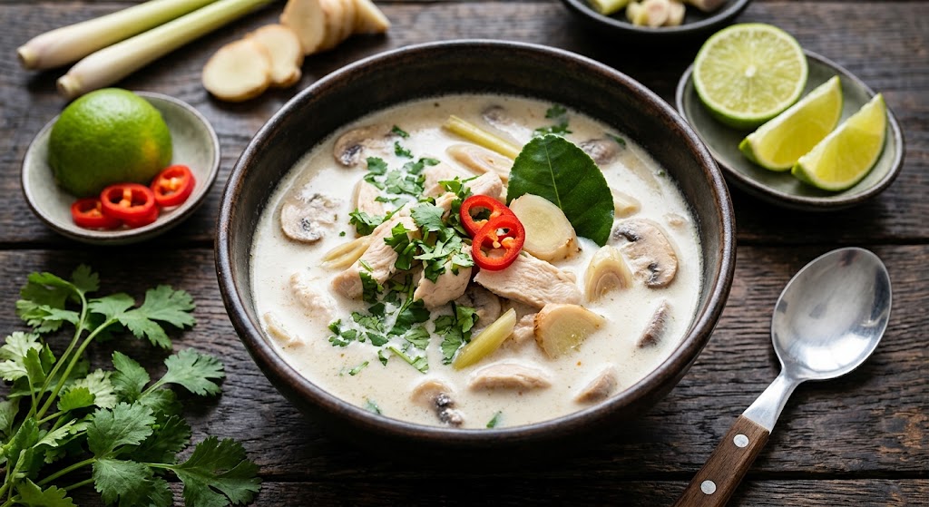 Cremige thailändische Kokossuppe mit Hähnchen und Ingwer