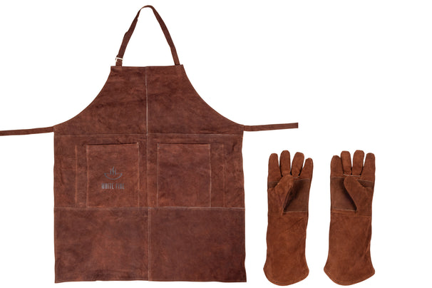 White Fire Grillschürze & Grillhandschuhe aus Leder - Braun - 3-teilig