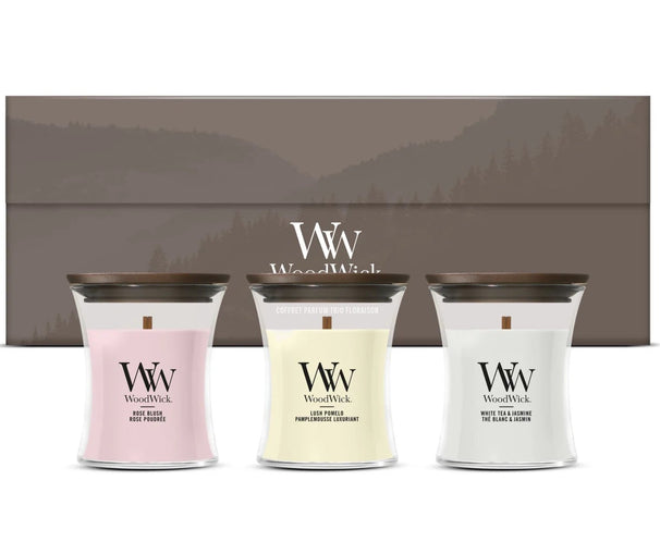 WoodWick Geschenkset Duftkerzen Mini Blooming Trio - 3 Stück - Duftkerze im Glas - Holzdocht