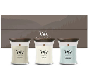 WoodWick Geschenkset Duftkerzen Mini Woodland Trio - 3 Stück - Duftkerze im Glas - Holzdocht