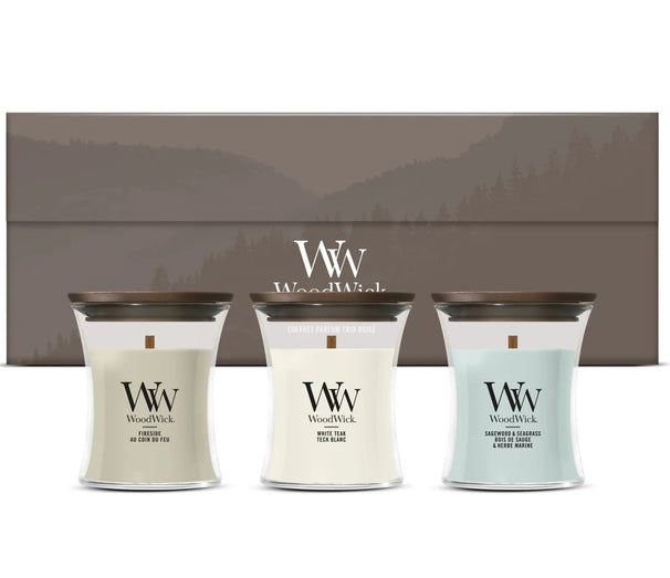 WoodWick Geschenkset Duftkerzen Mini Woodland Trio - 3 Stück - Duftkerze im Glas - Holzdocht