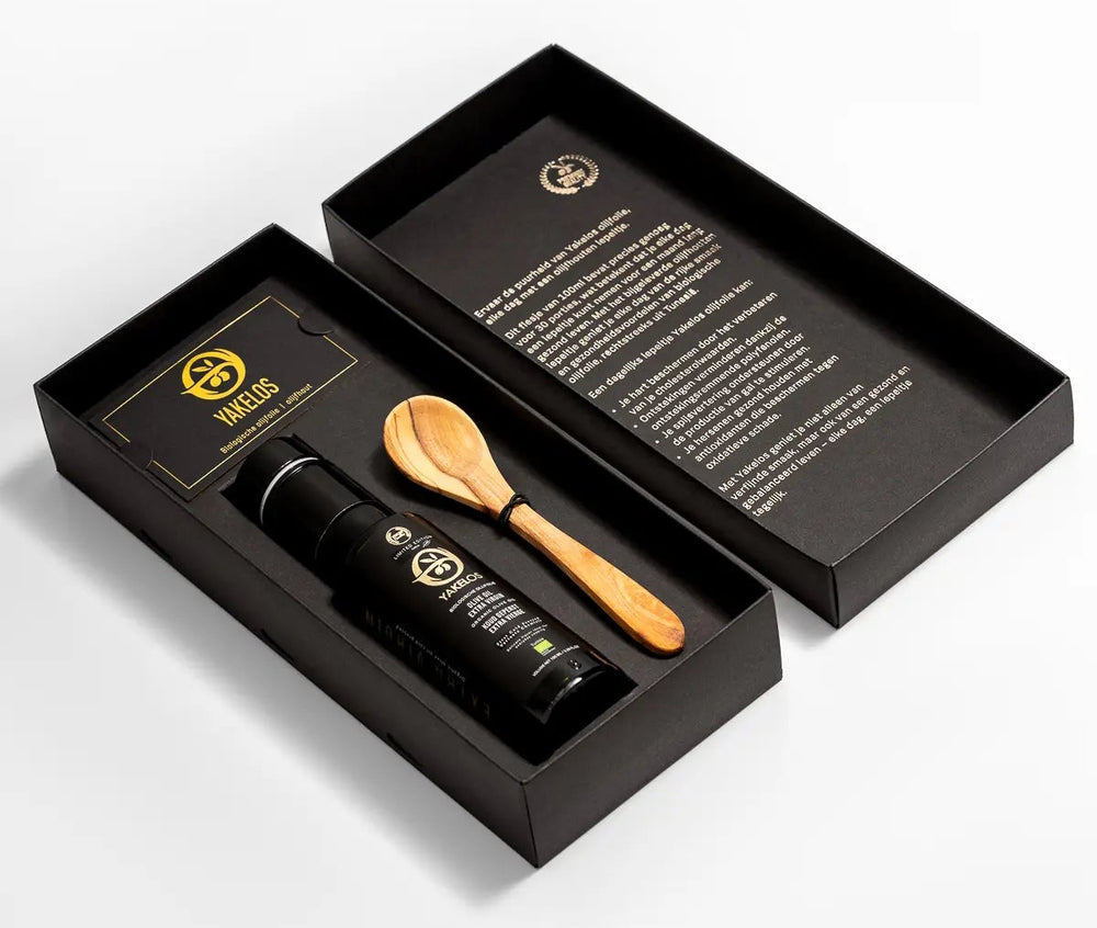 Yakelos Bio-Olivenöl extra vergine – 100 ml Probierpackung mit Olivenholzlöffel