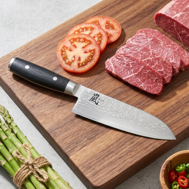 Yaxell Santoku-Messer - Klinge 16,5 cm – 69-lagiger Damaststahl – Griff aus Canvas-Micarta