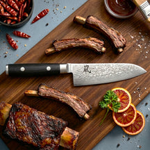 Yaxell Santoku-Messer, Klinge 12,5 cm – 69-lagiger Damaststahl – Griff aus Canvas-Micarta