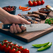 Yaxell Santoku-Messer, Klinge 12,5 cm – 69-lagiger Damaststahl – Griff aus Canvas-Micarta